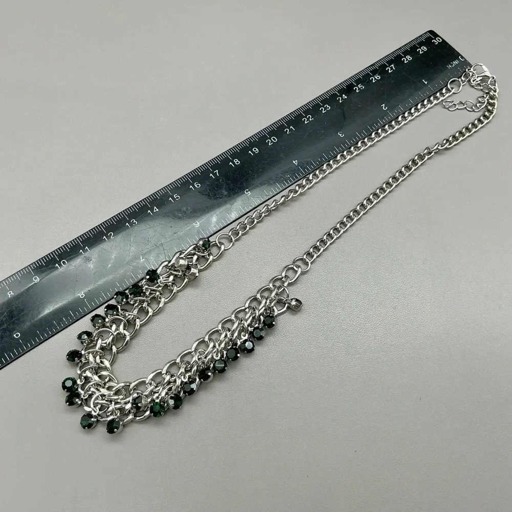 Necklace Green Rhinestone Silver Tone Chunky Chain Bib Statement Dangle Collar
